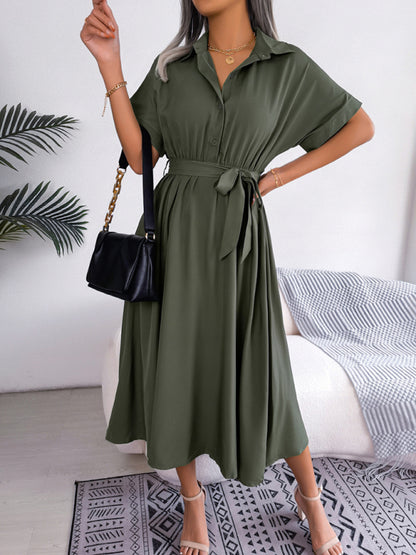 Women's Solid Color Casual Loose Tie Shirt Dress Long Skirt