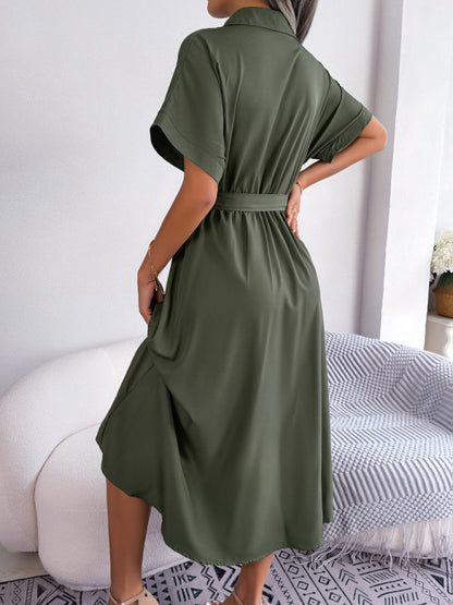 Women's Solid Color Casual Loose Tie Shirt Dress Long Skirt