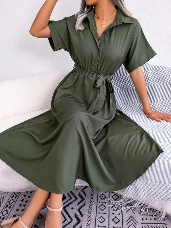 Women's Solid Color Casual Loose Tie Shirt Dress Long Skirt