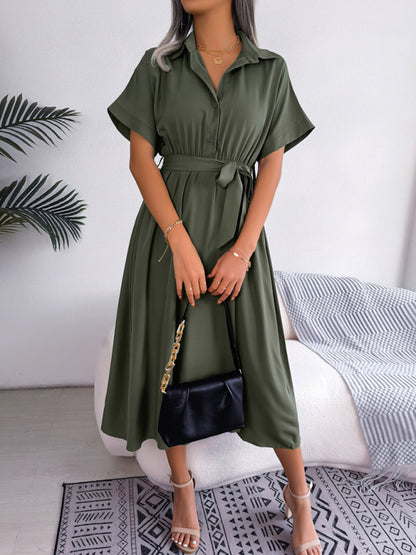 Women's Solid Color Casual Loose Tie Shirt Dress Long Skirt