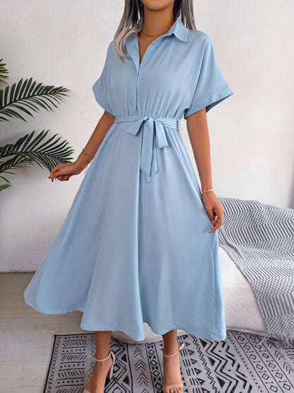 Women's Solid Color Casual Loose Tie Shirt Dress Long Skirt