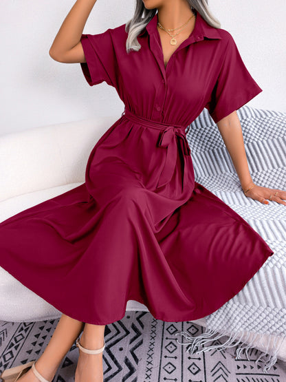 Women's Solid Color Casual Loose Tie Shirt Dress Long Skirt