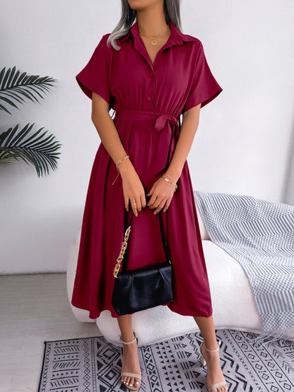 Women's Solid Color Casual Loose Tie Shirt Dress Long Skirt