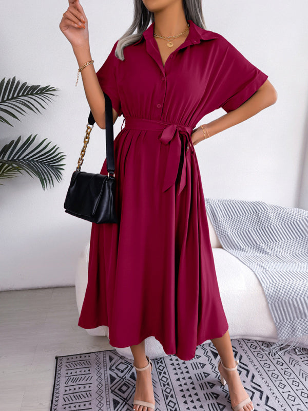 Women's Solid Color Casual Loose Tie Shirt Dress Long Skirt