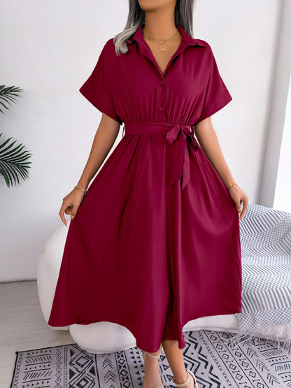 Women's Solid Color Casual Loose Tie Shirt Dress Long Skirt