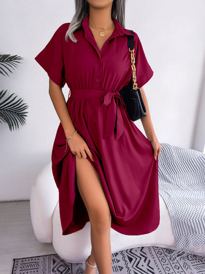 Women's Solid Color Casual Loose Tie Shirt Dress Long Skirt