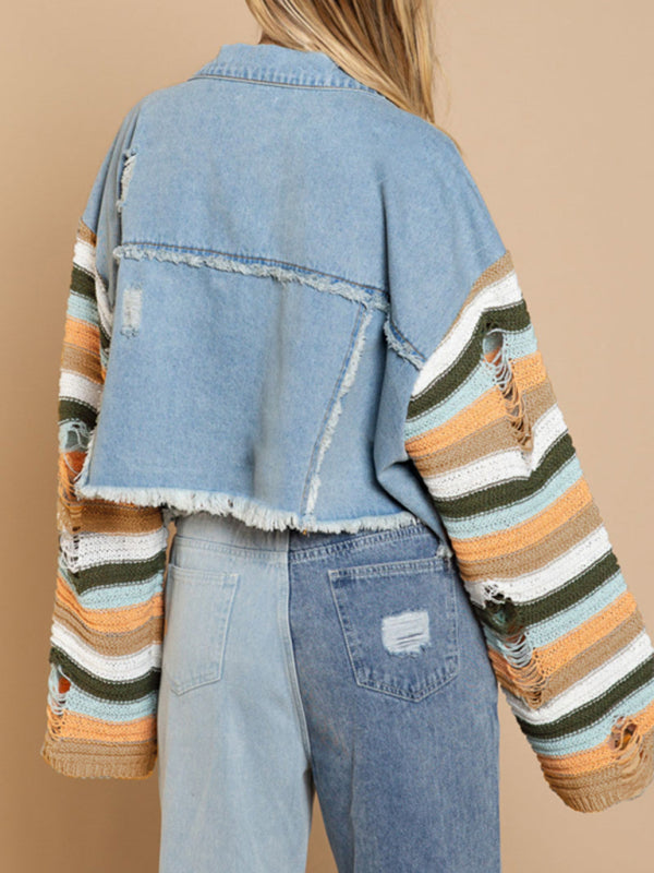 Women's casual fashion denim rainbow long-sleeved splicing jacket