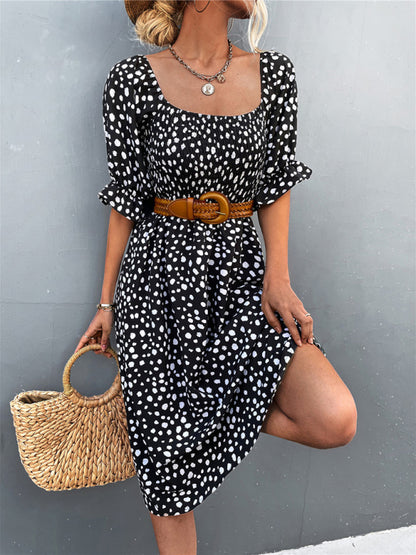 Women's Casual Fashion Square Neck One-Word Neck Two-Wear Retro Leopard Print Dress