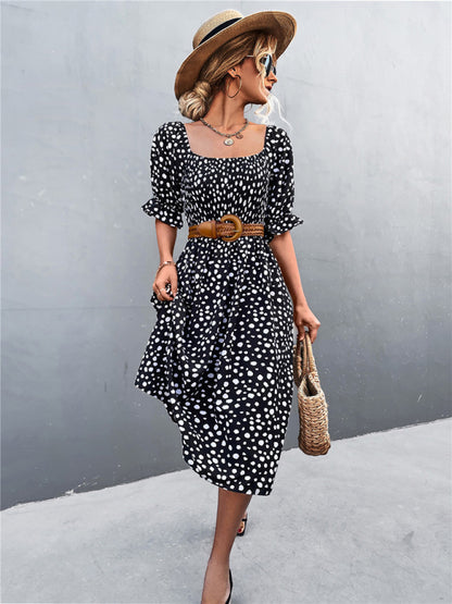 Women's Casual Fashion Square Neck One-Word Neck Two-Wear Retro Leopard Print Dress