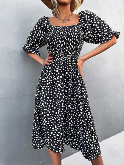 Women's Casual Fashion Square Neck One-Word Neck Two-Wear Retro Leopard Print Dress