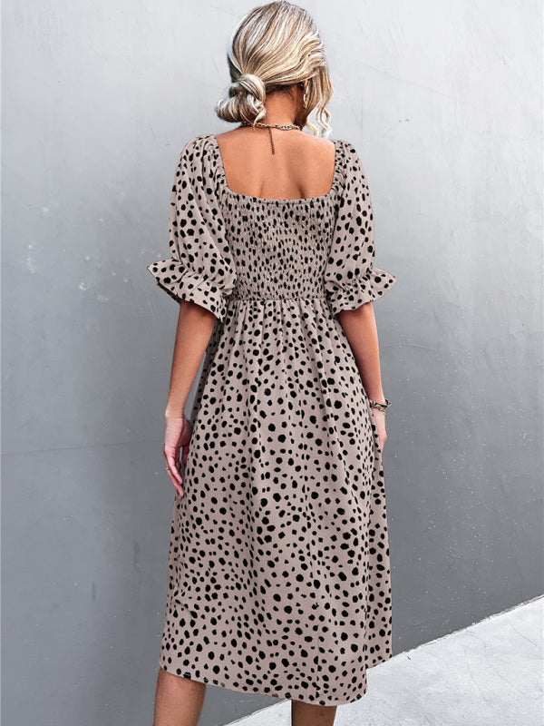 Women's Casual Fashion Square Neck One-Word Neck Two-Wear Retro Leopard Print Dress