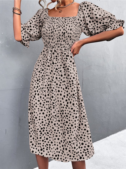 Women's Casual Fashion Square Neck One-Word Neck Two-Wear Retro Leopard Print Dress