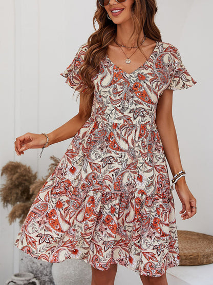 Women's Woven V Neck Loose Paisley Print Dress