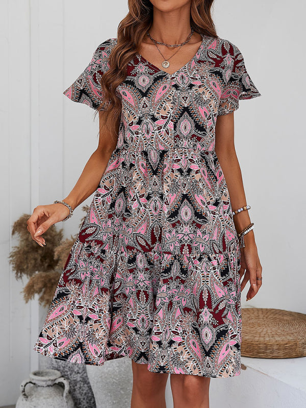 Women's Woven V Neck Loose Paisley Print Dress