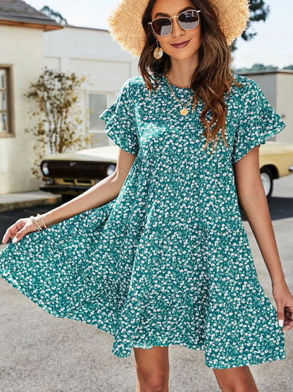 Women's Woven Printed Round Neck Ruffle Sleeve Loose Dress