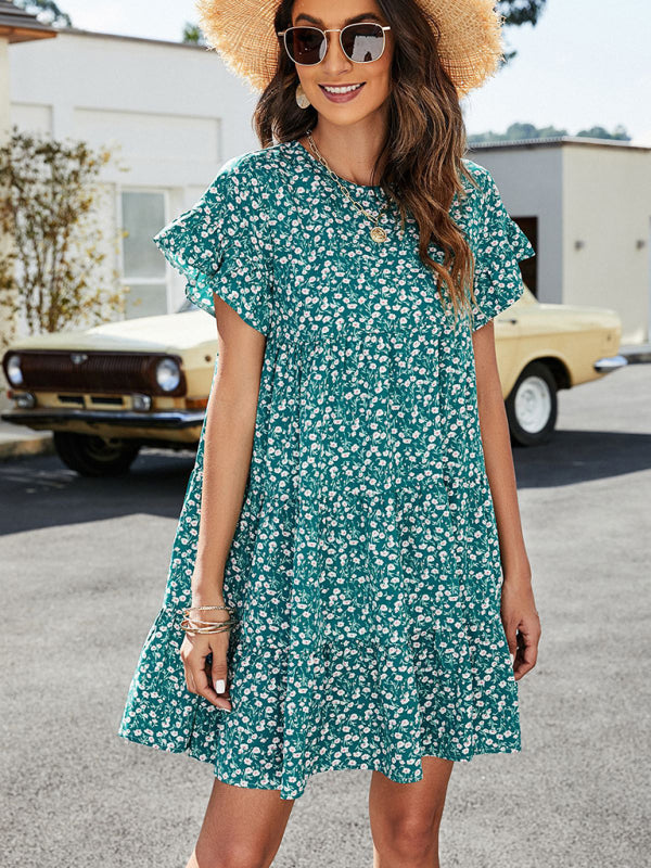 Women's Woven Printed Round Neck Ruffle Sleeve Loose Dress