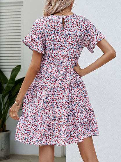 Women's Woven Printed Round Neck Ruffle Sleeve Loose Dress