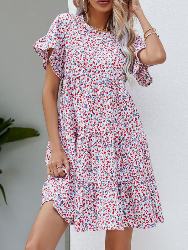 Women's Woven Printed Round Neck Ruffle Sleeve Loose Dress