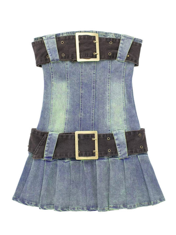 Retro hot girl pleated large belt tube top denim dress