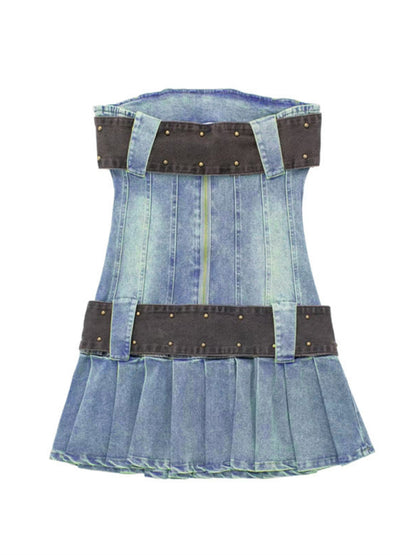 Retro hot girl pleated large belt tube top denim dress