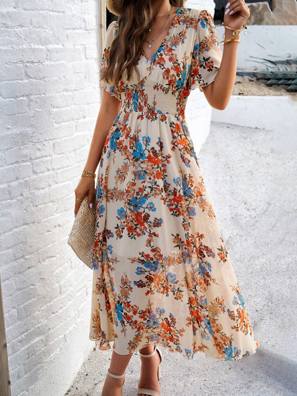 Women's elegant printed waist-cinching short-sleeved dress