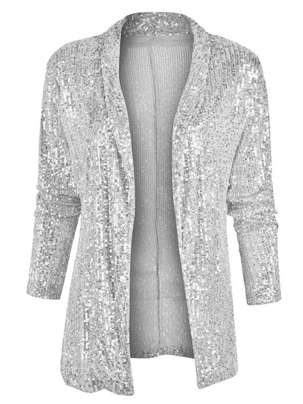 Women's sequined long-sleeved mid-length lapel blazer