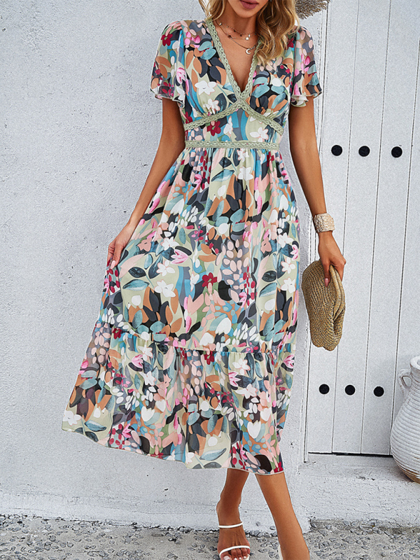 Women's new casual holiday printed V-neck short-sleeved waist dress