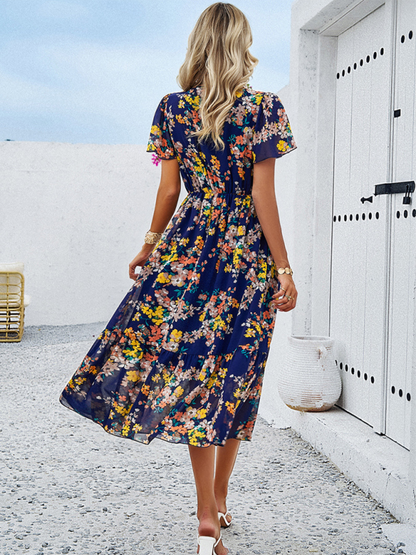 Women's new casual holiday printed V-neck short-sleeved waist dress