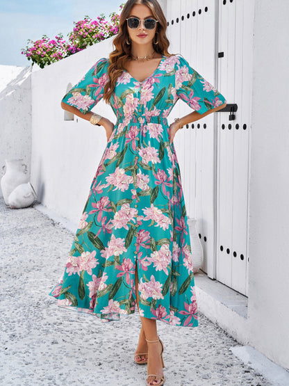 Women's spring and summer vacation casual floral print slit dress