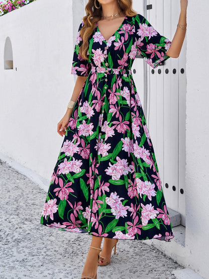 Women's spring and summer vacation casual floral print slit dress