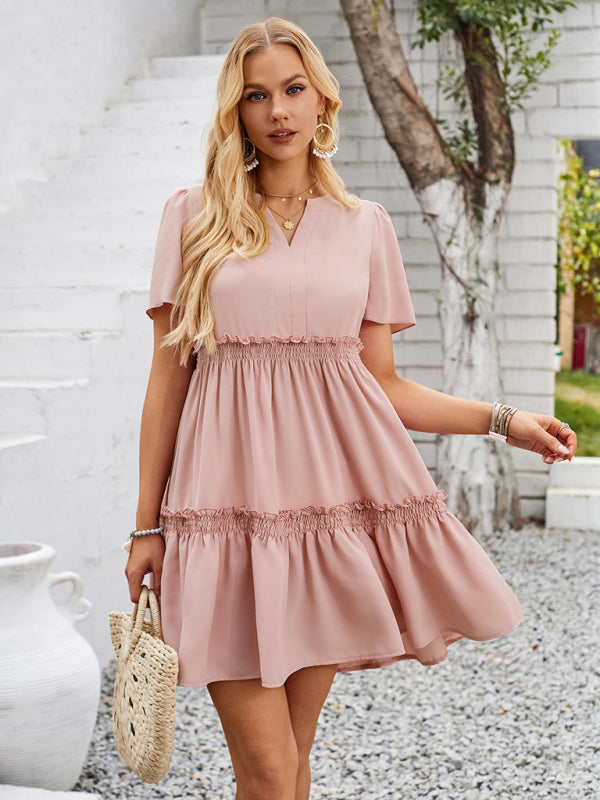 New fashionable solid color V-neck casual ruffle sleeve dress