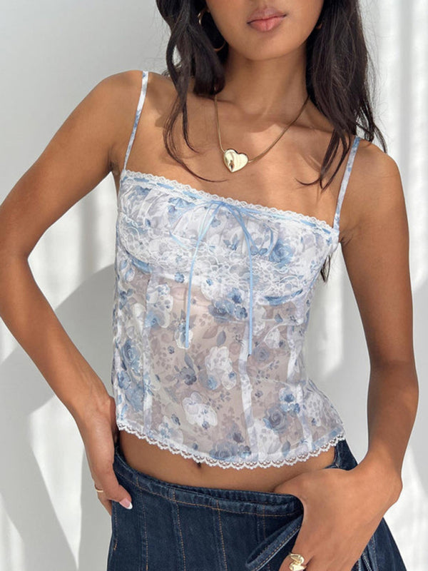 Lace slightly see-through flower sexy hot girl short camisole top vest