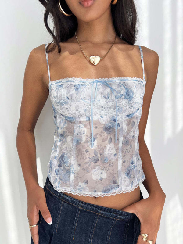 Lace slightly see-through flower sexy hot girl short camisole top vest