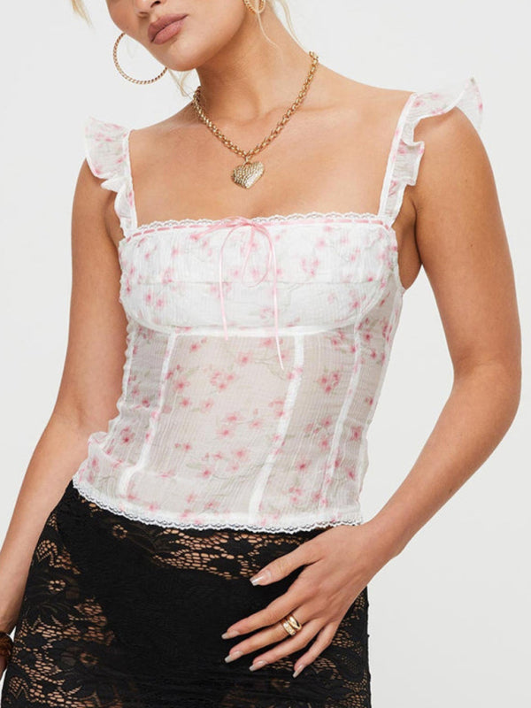 Lace slightly see-through flower sexy hot girl short camisole top vest