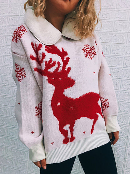 Women's Patchwork Lapel Long Sleeve Christmas Themed Sweater New Year Knit Sweater