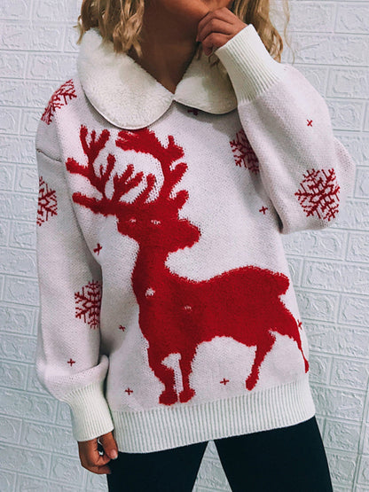 Women's Patchwork Lapel Long Sleeve Christmas Themed Sweater New Year Knit Sweater