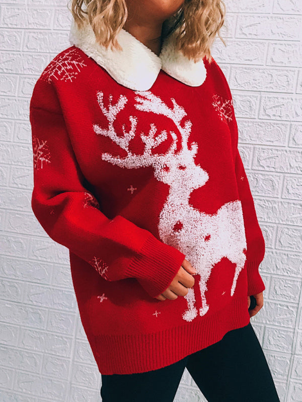 Women's Patchwork Lapel Long Sleeve Christmas Themed Sweater New Year Knit Sweater