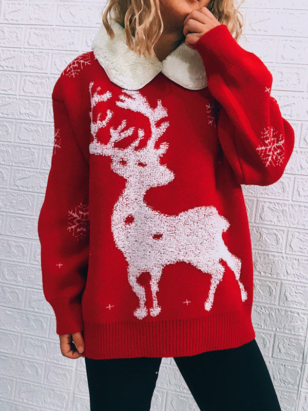 Women's Patchwork Lapel Long Sleeve Christmas Themed Sweater New Year Knit Sweater