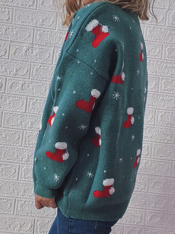 Women's Round Neck Long Sleeve Christmas Sweater Christmas Socks Jacquard Thickened Pullover