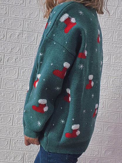 Women's Round Neck Long Sleeve Christmas Sweater Christmas Socks Jacquard Thickened Pullover