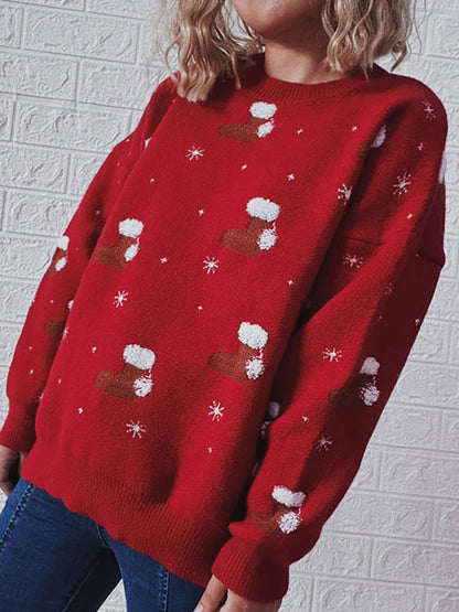 Women's Round Neck Long Sleeve Christmas Sweater Christmas Socks Jacquard Thickened Pullover