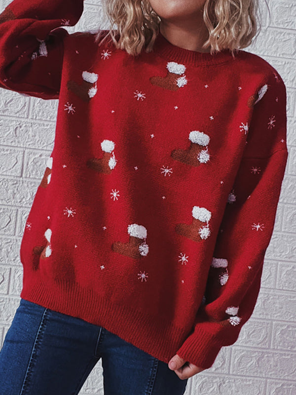 Women's Round Neck Long Sleeve Christmas Sweater Christmas Socks Jacquard Thickened Pullover