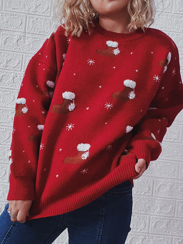 Women's Round Neck Long Sleeve Christmas Sweater Christmas Socks Jacquard Thickened Pullover