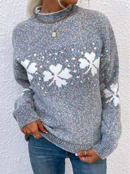 Women's Casual Half Turtleneck Snowflake Knit Christmas Sweater