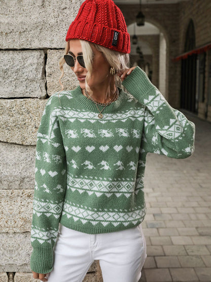 Women's Pullover Knit Contrast Jacquard Christmas Sweater