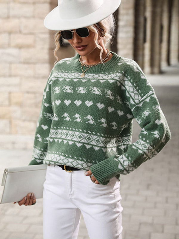 Women's Pullover Knit Contrast Jacquard Christmas Sweater