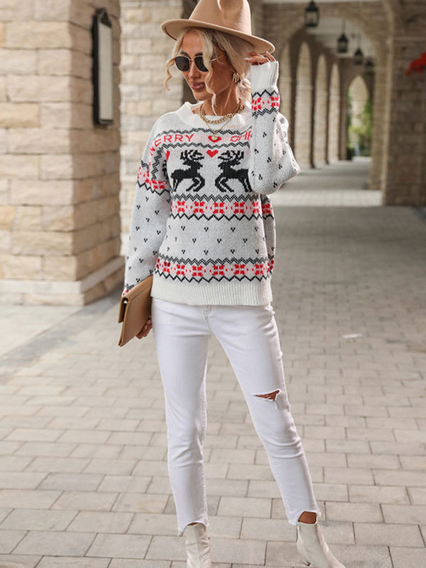 Women's Jacquard Knit Crew Neck Color Contrast Christmas Sweater