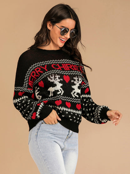 Women's Christmas Reindeer Contrast Crew Neck Jacquard Knit Sweater