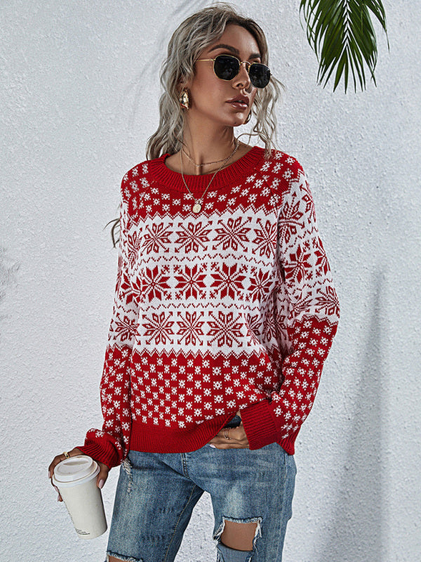 Women's Snowflake Knit Loose Long Sleeve Pullover Crew Neck Christmas Sweater