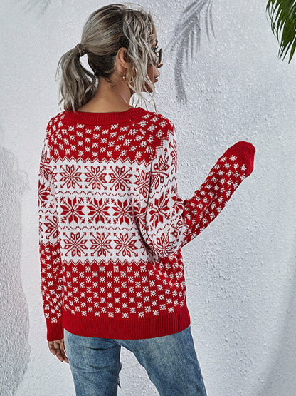 Women's Snowflake Knit Loose Long Sleeve Pullover Crew Neck Christmas Sweater